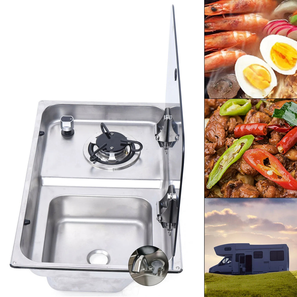 RV Gas Stove 1 Burner With Sink & Faucet Combo w/ Glass Lid A40501