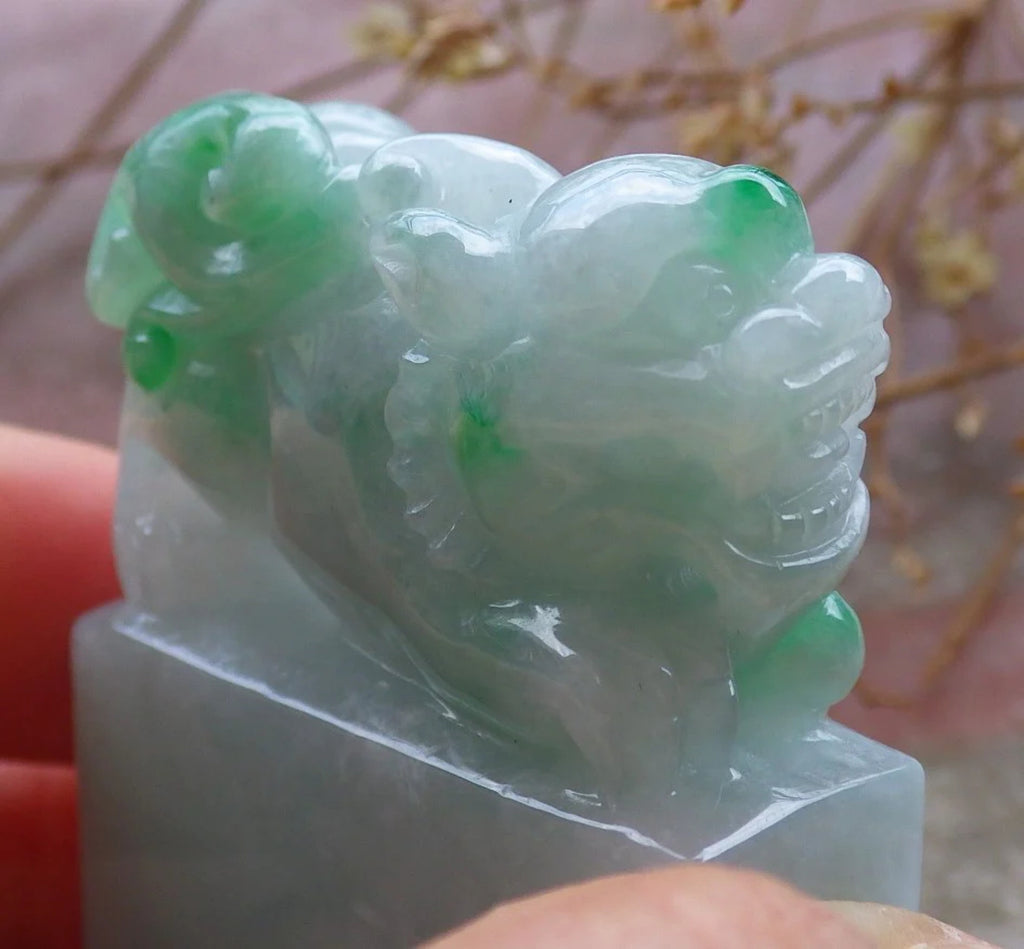 Green Natural Burma Jade Dragon Pi Xiu Chop Seal Display Y21893