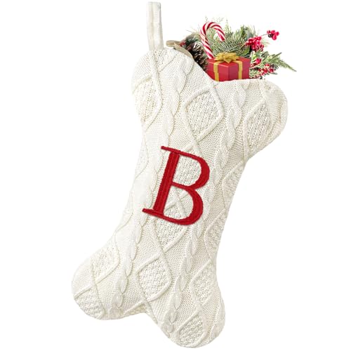 White Large Knit Dog Christmas Stocking with Initials P633041