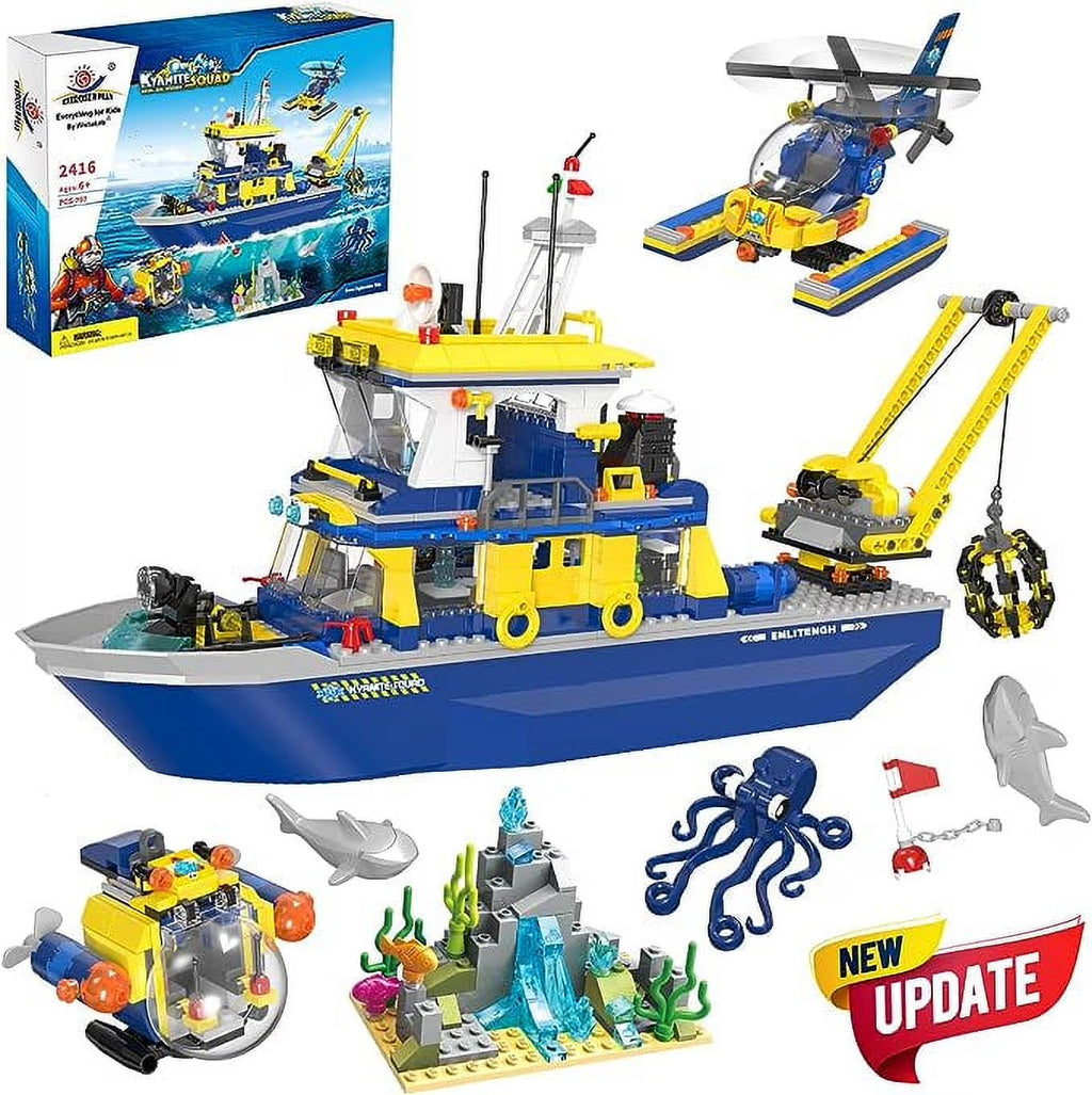 Ocean Exploration Ship Building Kit with Submarine and Helicopter, 753 Pieces V452