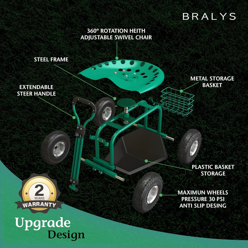 Garden Cart with Seat Rolling Gardening Cart with Large Wheels Basket Waterproof Cover E6540