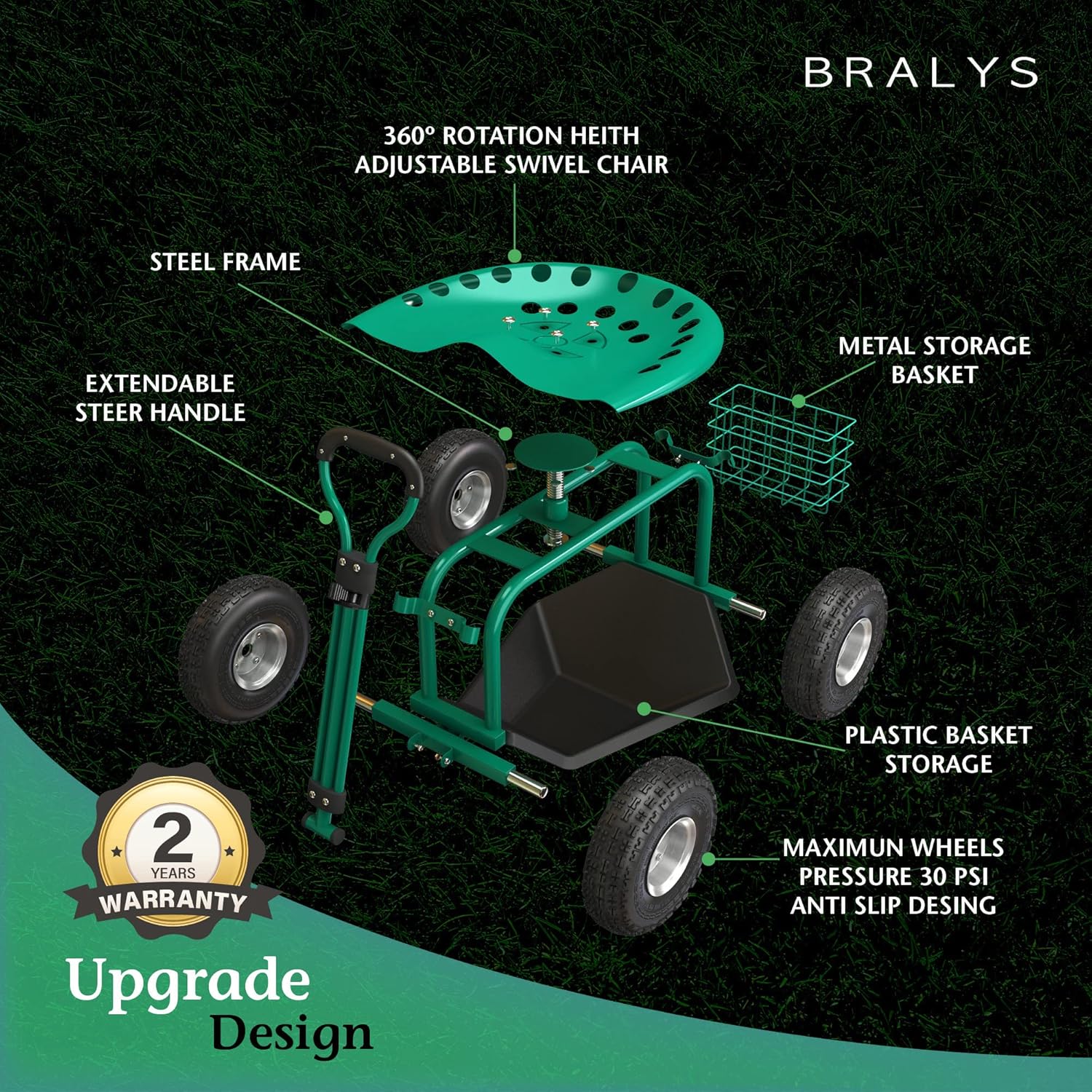 Garden Cart with Seat Rolling Gardening Cart with Large Wheels Basket Waterproof Cover E6540