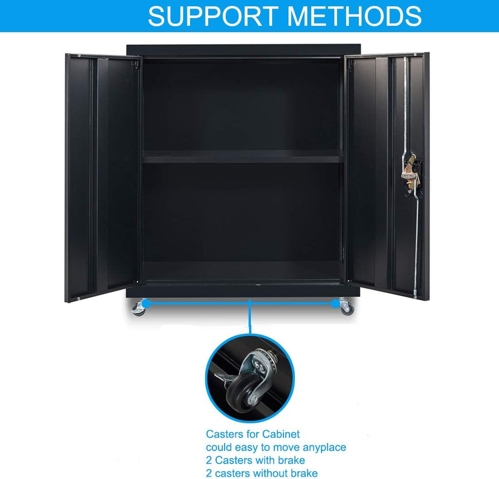 Metal Storage Cabinet with Locking Doors and Wheels, Black B2594