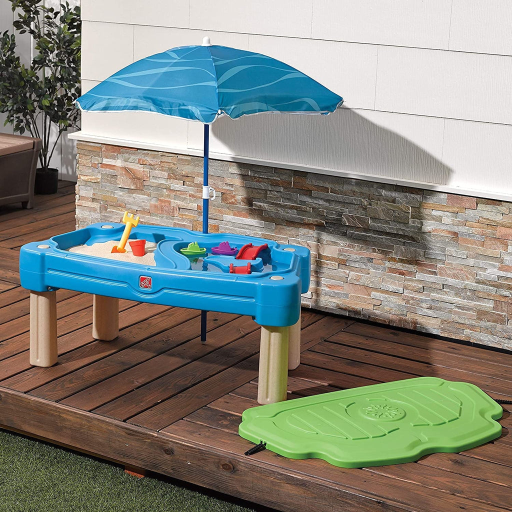 Blue Plastic Sandbox and Water Table with Cover and Umbrella R18679