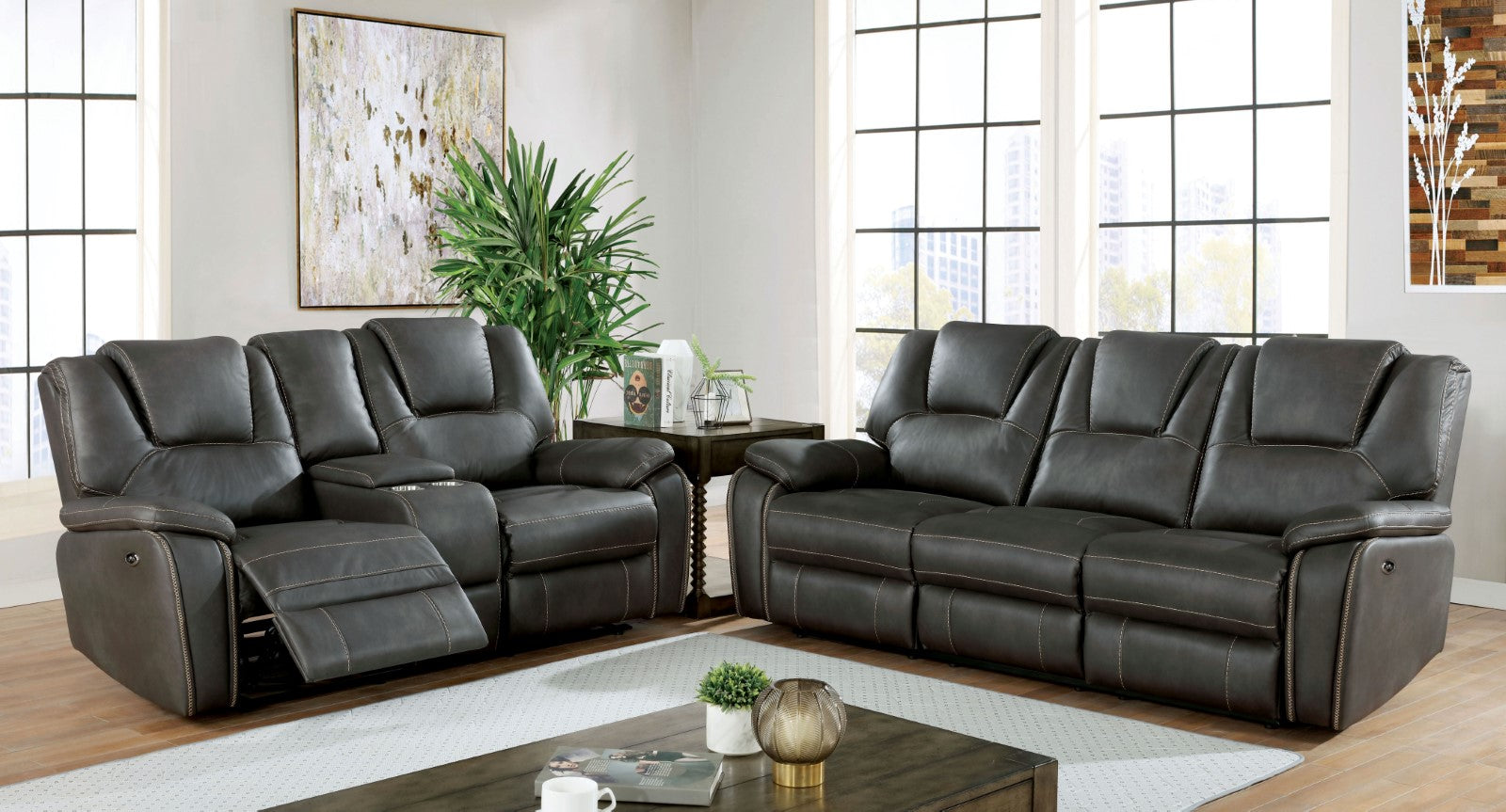 Gray Leatherette Solid Wood 3pc Motion Sofa Set M896736