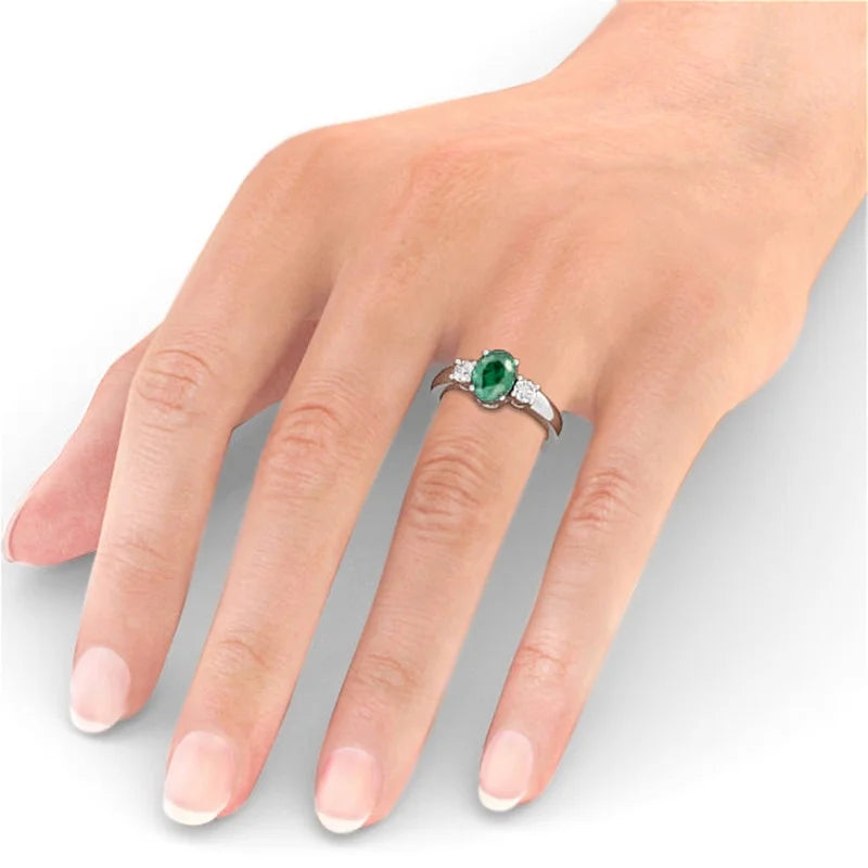 Oval Cut Emerald Three Stone Ring 14K White Gold Size 4 S947