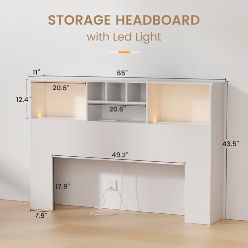 King Size Wooden Headboard with LED Light and Storage Bookcase M359476