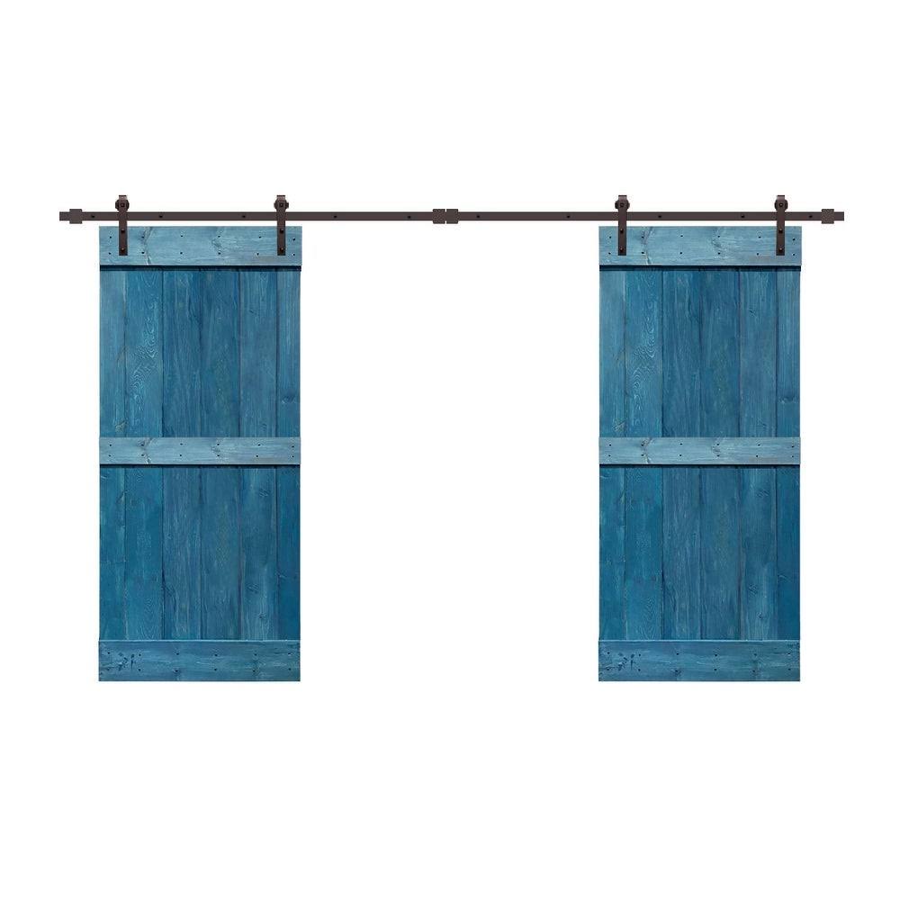 48 in. x 84 in. Weather Oak Stained Solid Pine Wood Interior Double Sliding Barn Door with Hardware Kit X15324