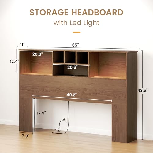 King Size Wooden Headboard with LED Light and Storage Bookcase M359476