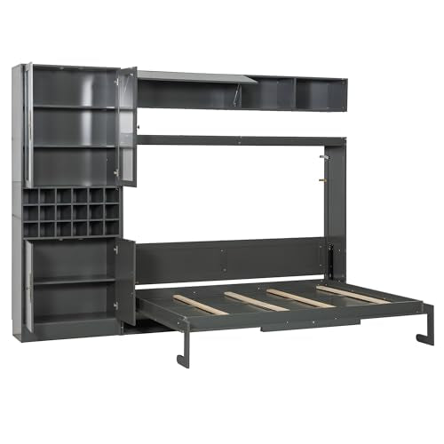 White Wooden Full Size Murphy Bed Frame with Sofa and Storage Shelves W812017