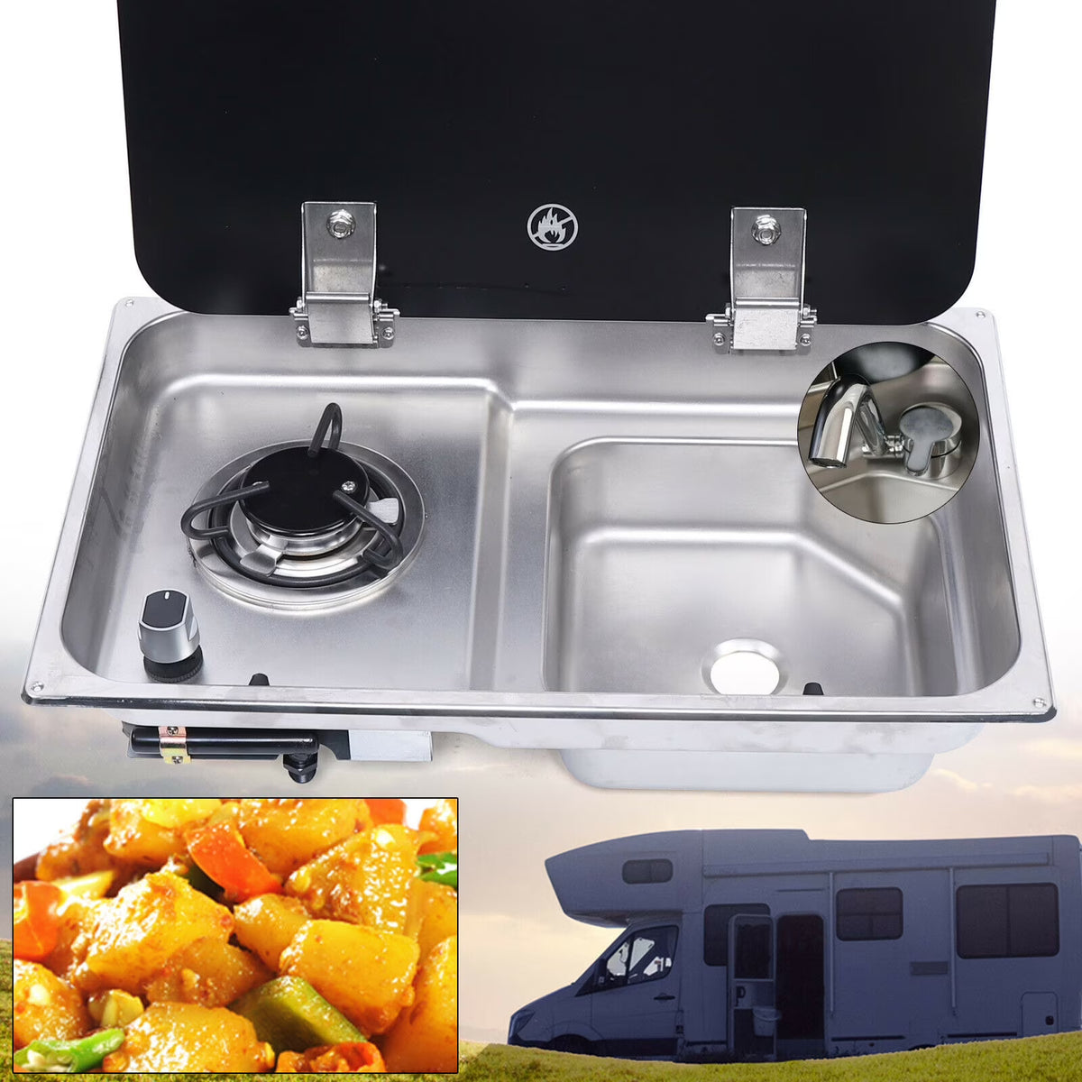 RV Gas Stove 1 Burner With Sink & Faucet Combo w/ Glass Lid A40501