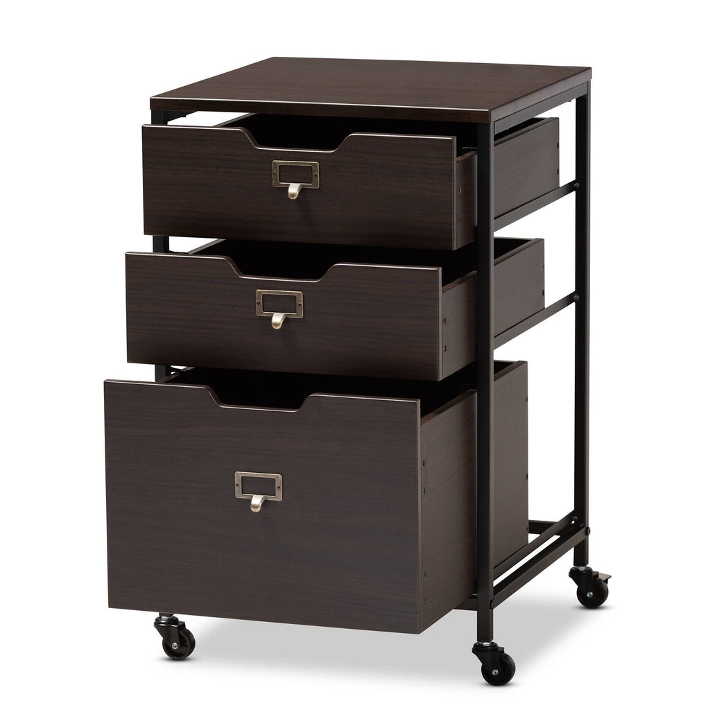 Espresso Wood and Black Metal Mobile File Cabinet 3-Drawer E574255