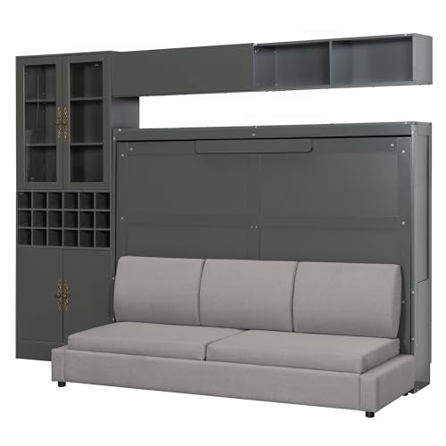 White Wooden Full Size Murphy Bed Frame with Sofa and Storage Shelves W812017
