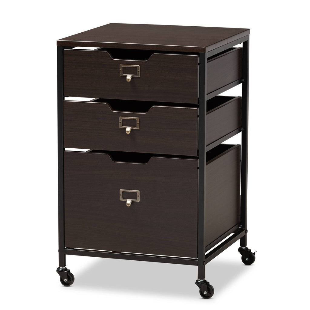 Espresso Wood and Black Metal Mobile File Cabinet 3-Drawer E574255