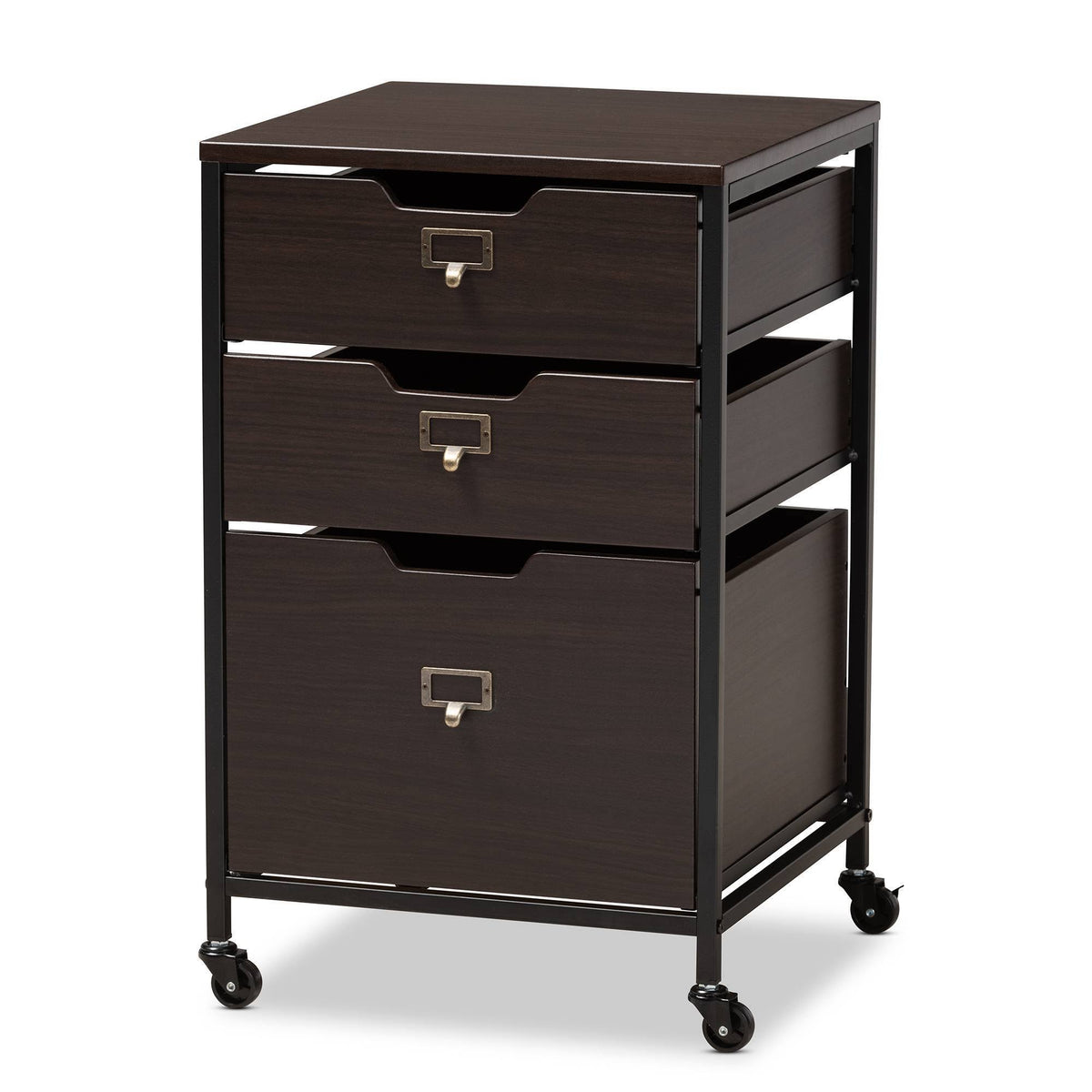 Espresso Wood and Black Metal Mobile File Cabinet 3-Drawer E574255