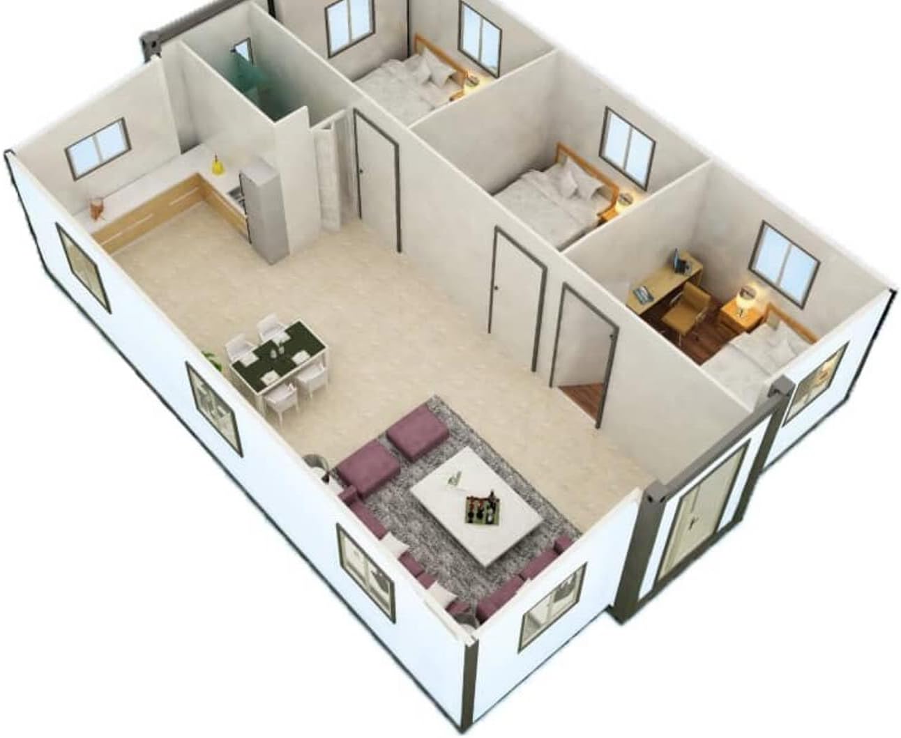 40FT Portable Prefab House with 3 Bedroom 1 Bathroom and Kitchen L465