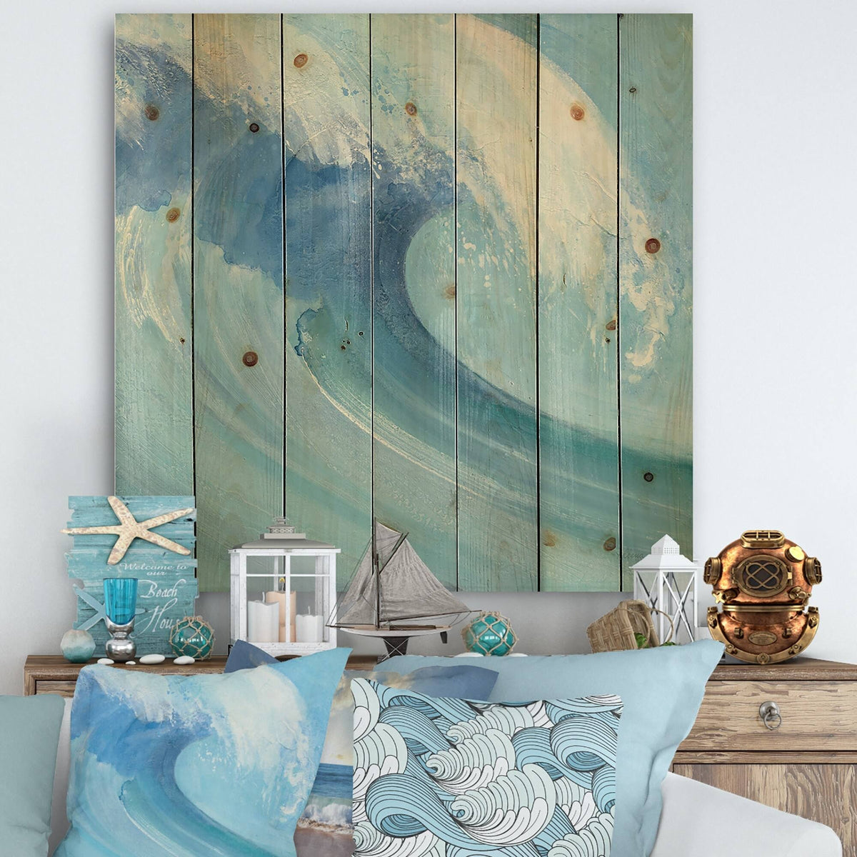 Blue Nautical Print on Natural Pine Wood L232