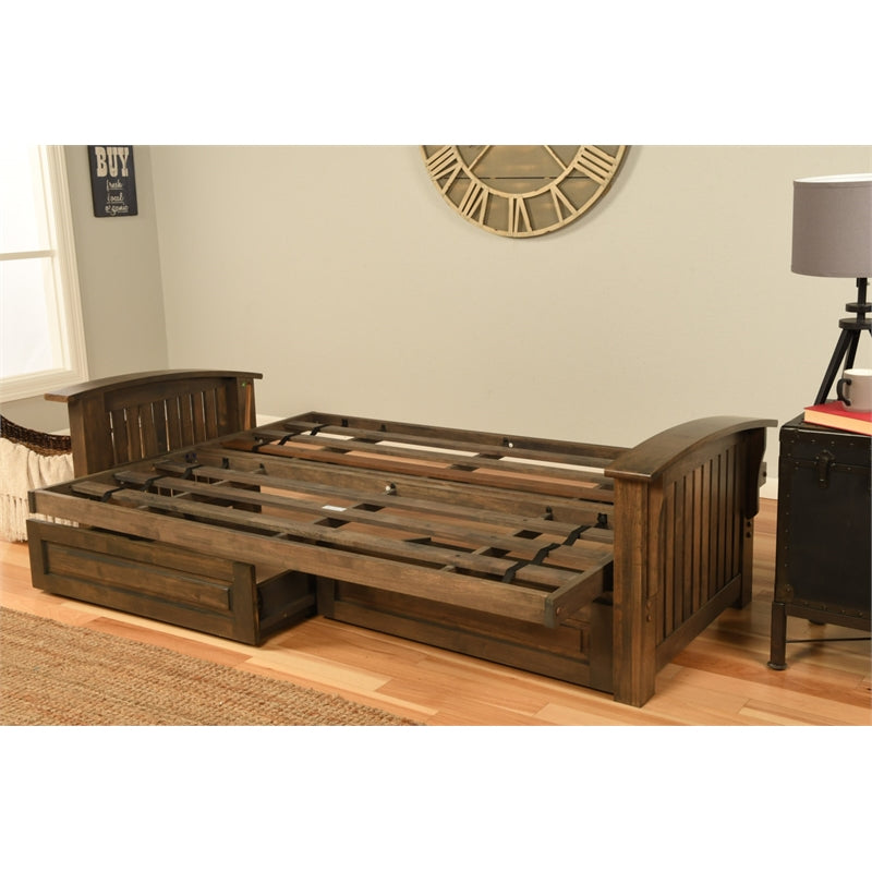 Walnut Futon with Drawers and Linen Gray Mattress Z1322