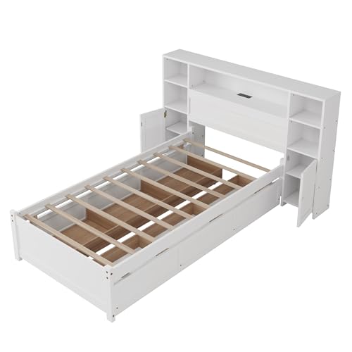 Twin Size Wood Storage Platform Bed with 6 Drawers and Bookcase Headboard E90182