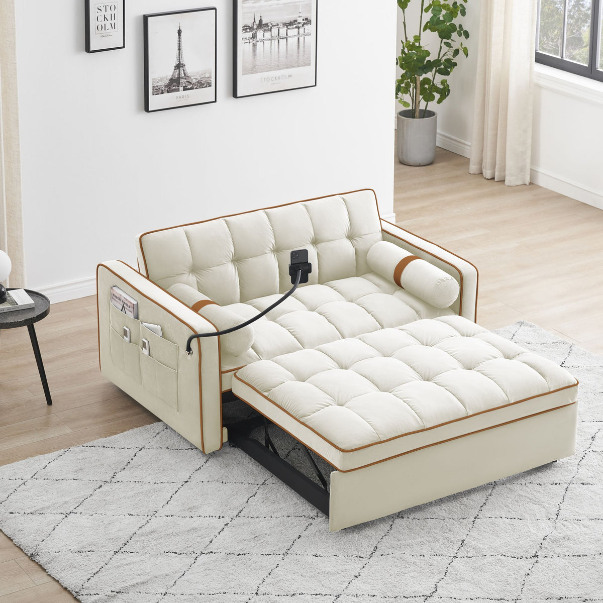 White 3 in 1 Sofa Bed Loveseat Sleeper with Two Pillows V6126
