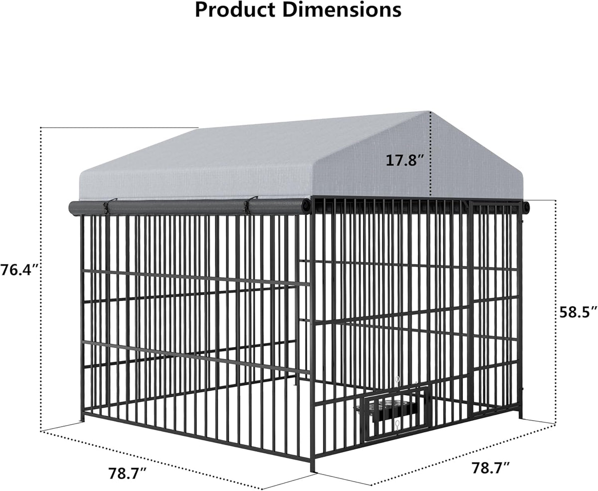 Large Outdoor Metal Dog Kennel with Waterproof Cover Roof (6.6'L x 6.6'W x 6.4'H) F954