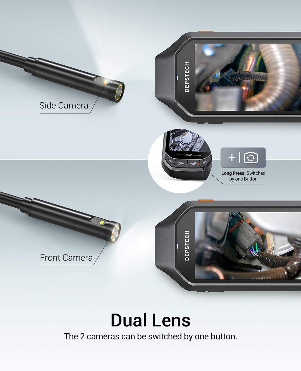 Dual-Lens 1080P HD Inspection Camera with Light, 7.9mm Industrial Borescope IP67 Waterproof, 16.5ft Semi-Rigid Cable M42392