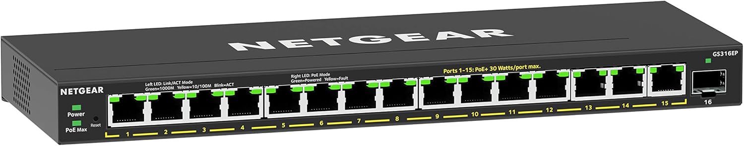 16-Port PoE Gigabit Ethernet Plus Switch with 15 x PoE+ @ 231W, 1 x 1G SFP Port L34956