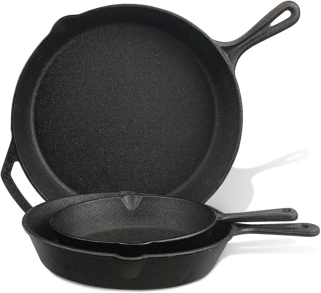 Cast Iron Skillet 3-Pack Set (8, 10, 12) Pre-Seasoned Cookware D17093