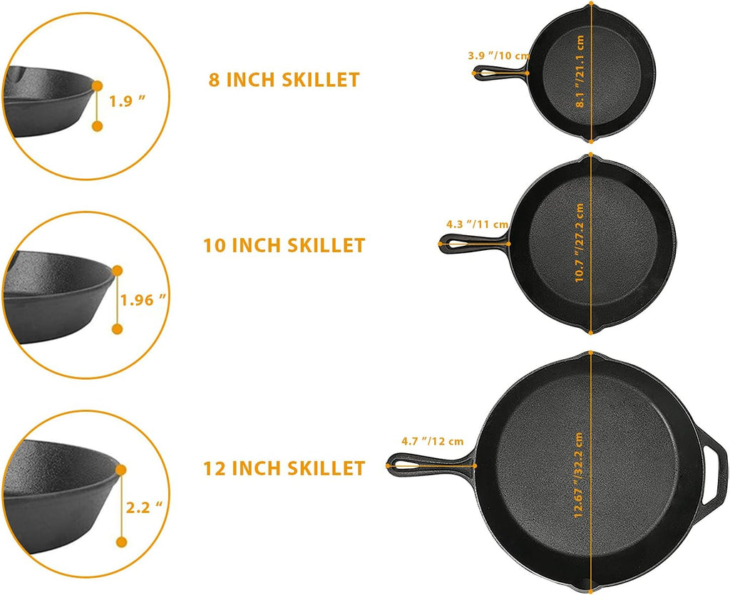 Cast Iron Skillet 3-Pack Set (8, 10, 12) Pre-Seasoned Cookware D17093