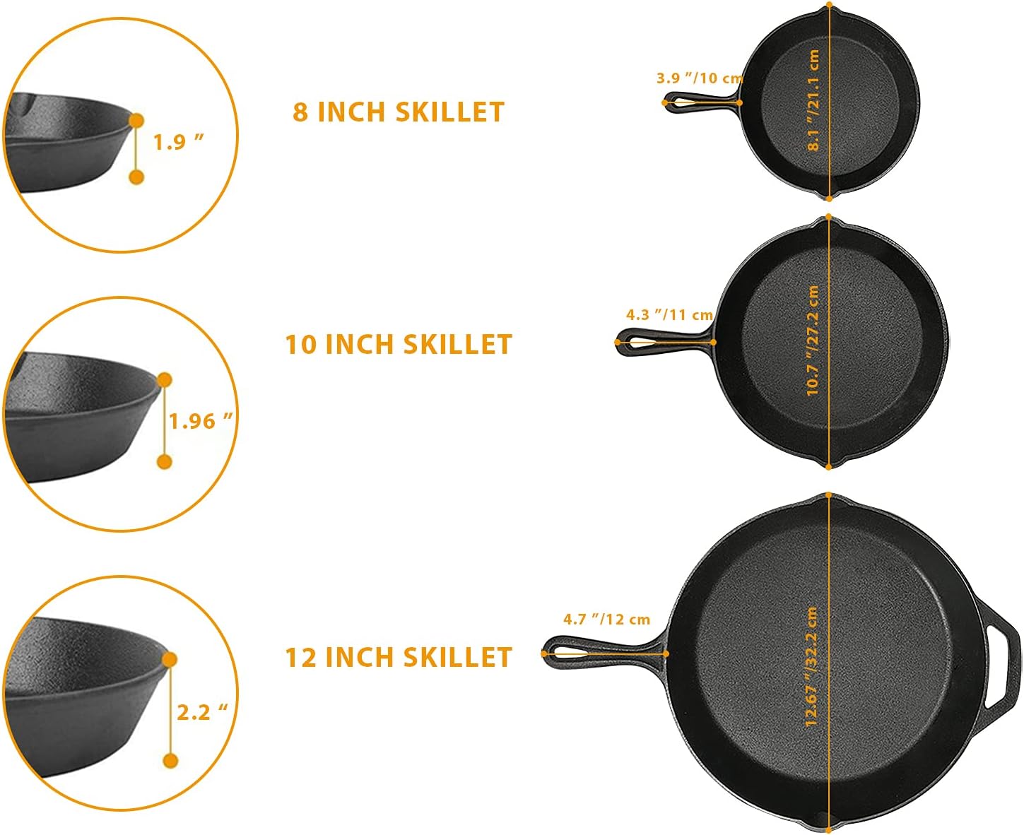 Cast Iron Skillet 3-Pack Set (8, 10, 12) Pre-Seasoned Cookware D17093