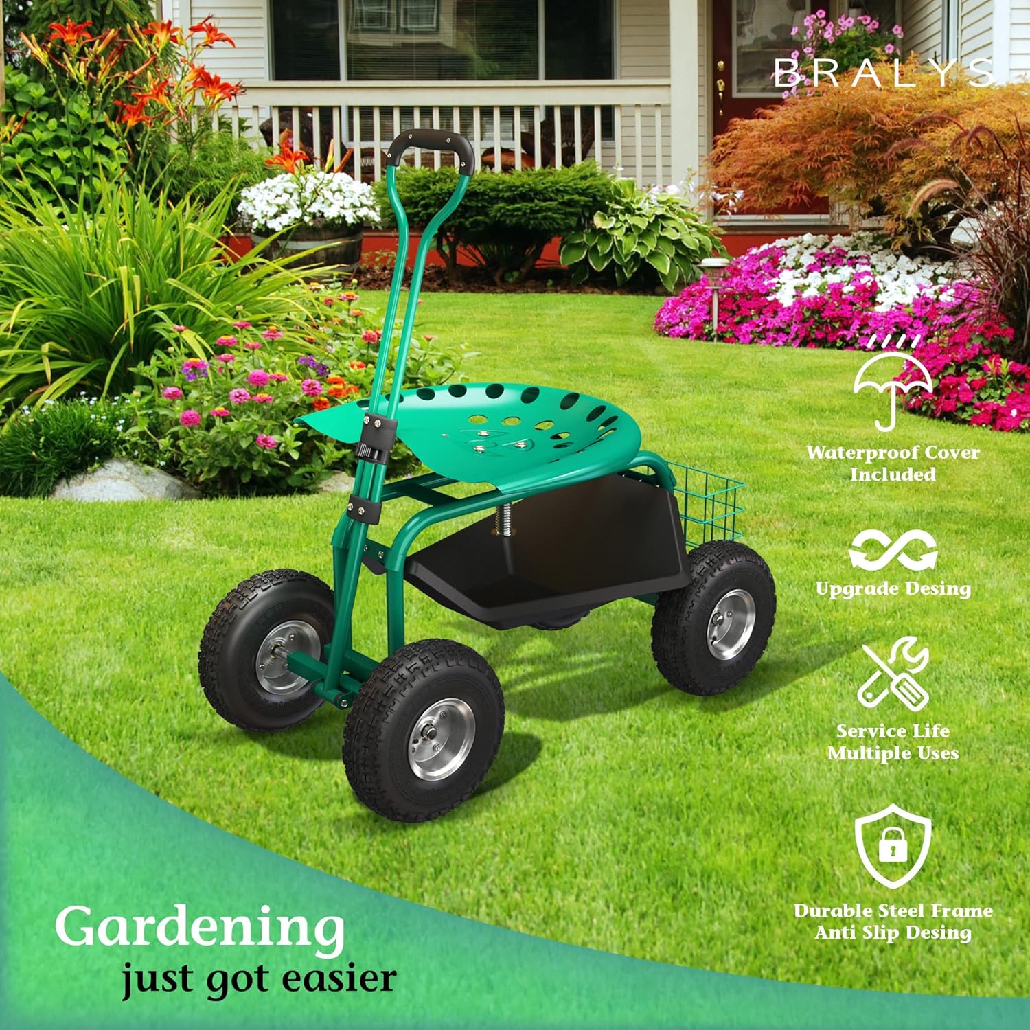 Garden Cart with Seat Rolling Gardening Cart with Large Wheels Basket Waterproof Cover E6540