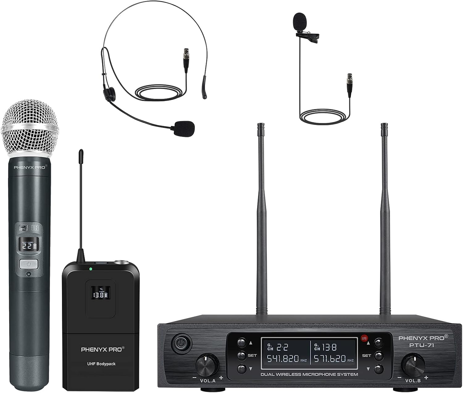 Dual Channel Wireless Microphone System with Handheld, Bodypack, Headset, Lapel I284040