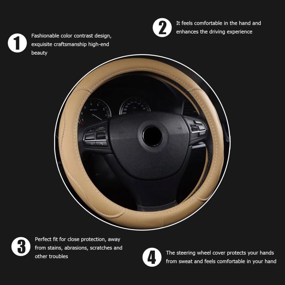 Beige 14.5-15 Inch Leather Steering Wheel Cover B262440