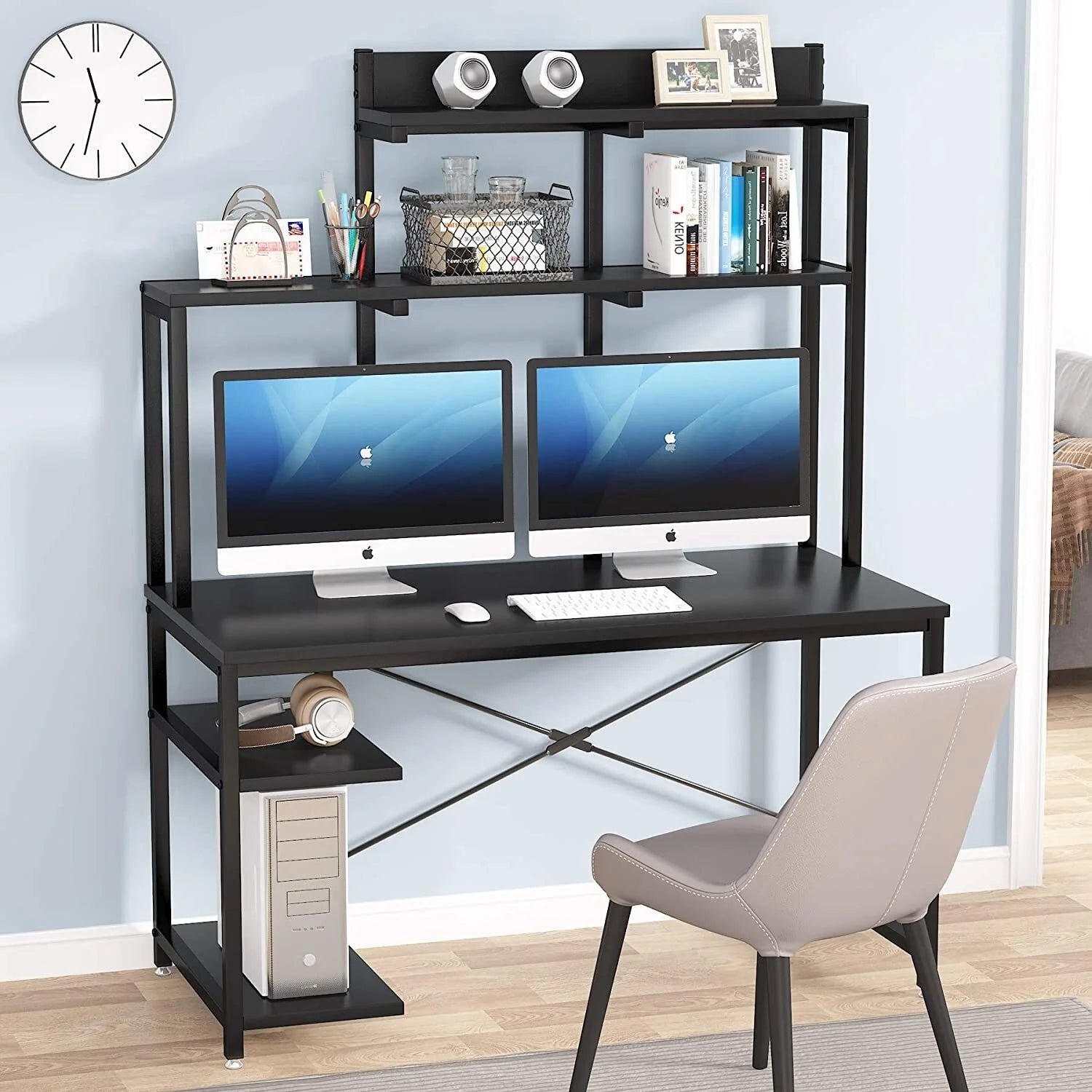 Black Medium Computer Desk with Storage Hutch Shelf W713