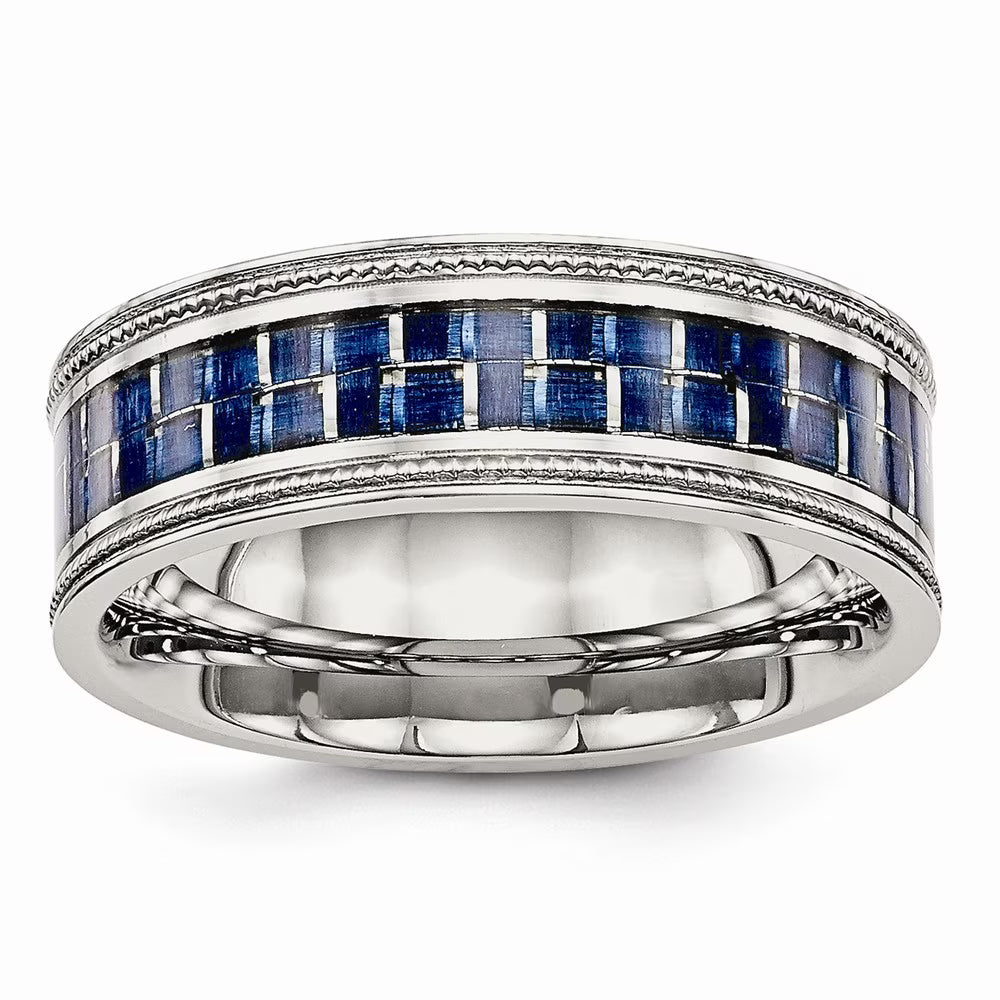 Stainless Steel Ring with Blue Carbon Fiber Inlay O451551