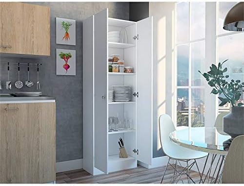 White & Light Oak Kitchen Tall Utility Storage Pantry Cabinet with Metal Handles K917604