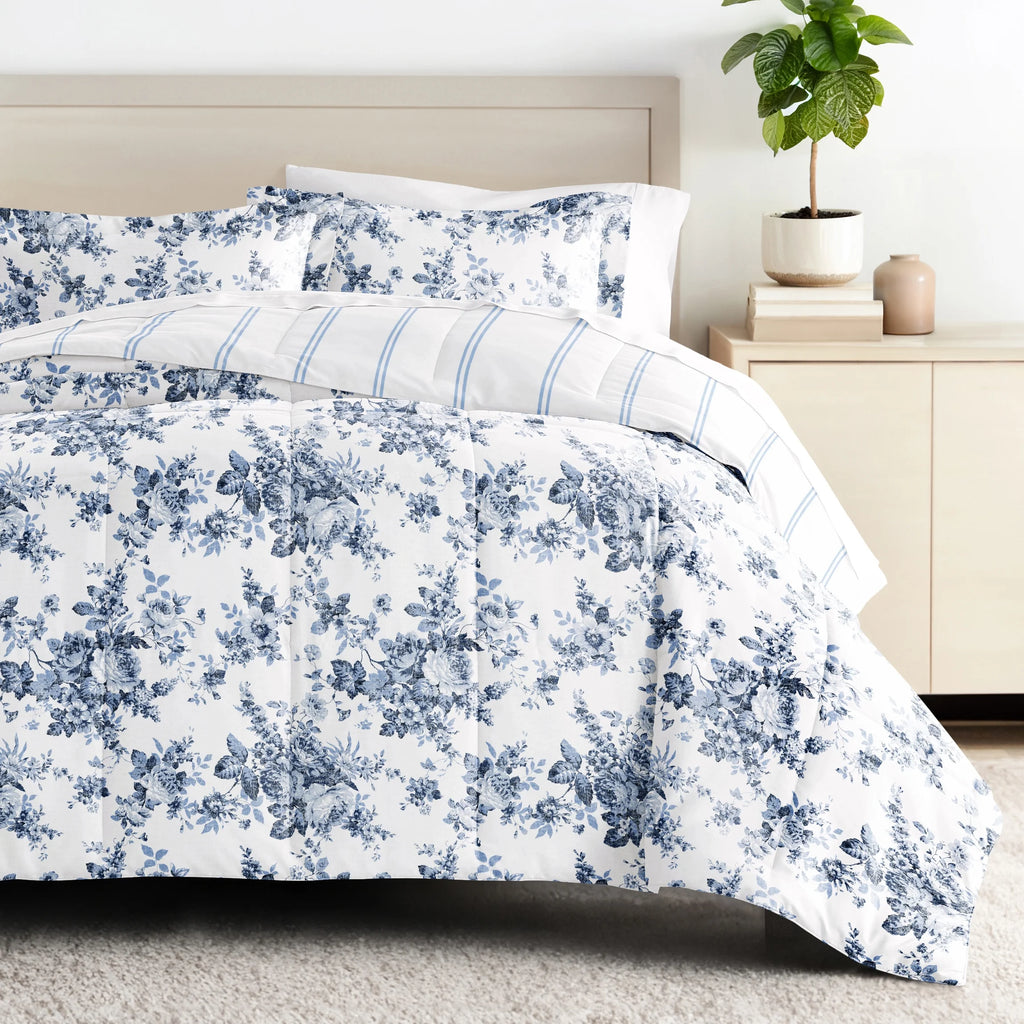 Cabbage Rose Stripe Ultra Soft Reversible Comforter Bed Set B351