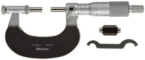 Outside Micrometer, Interchangeable Anvils, Ratchet Stop, 0-50mm Range, 0.01mm Graduation W2955