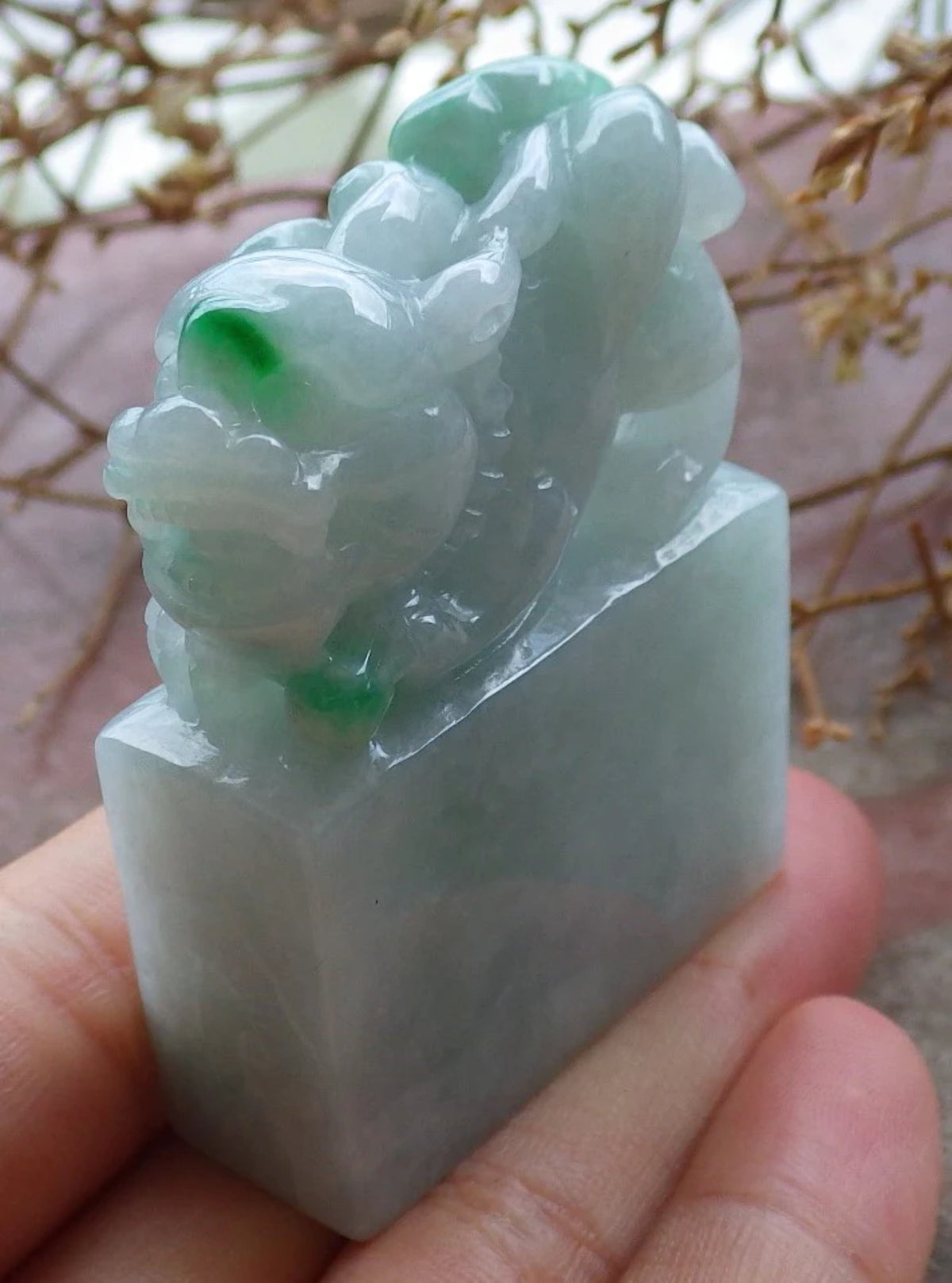 Green Natural Burma Jade Dragon Pi Xiu Chop Seal Display Y21893