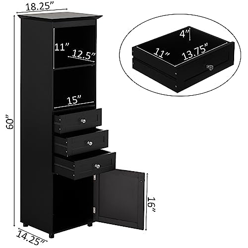 Black Tall Freestanding Storage Cabinet with 2 Open Shelves, 3 Drawers M1001