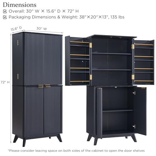 72" Tall Fluted Pantry Storage Cabinet with Adjustable Shelves & Door Racks, Natural Oak V534