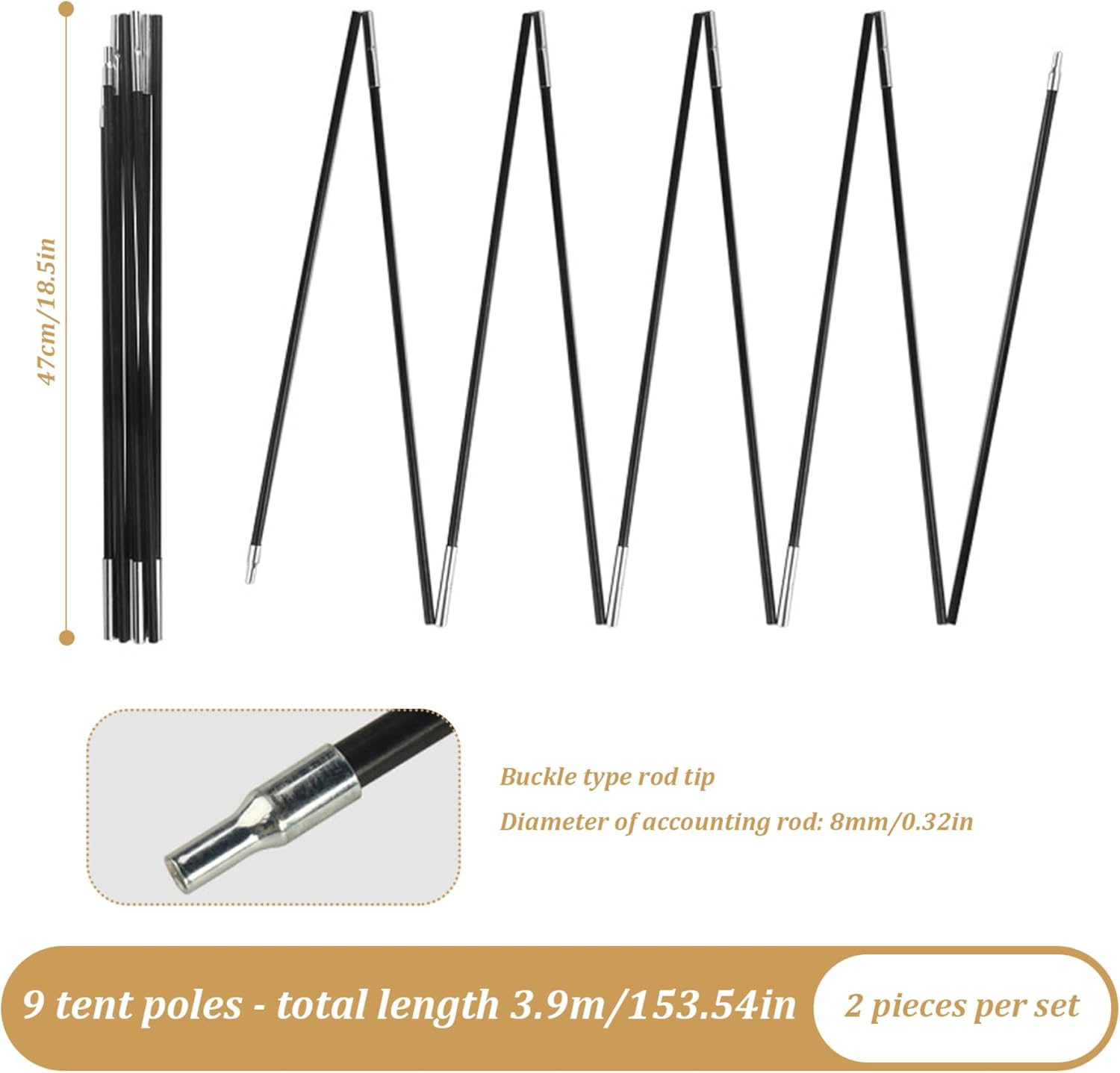 8mm 12.8ft Length Adjustable Fiberglass Tarp Poles 18 Sections O13466