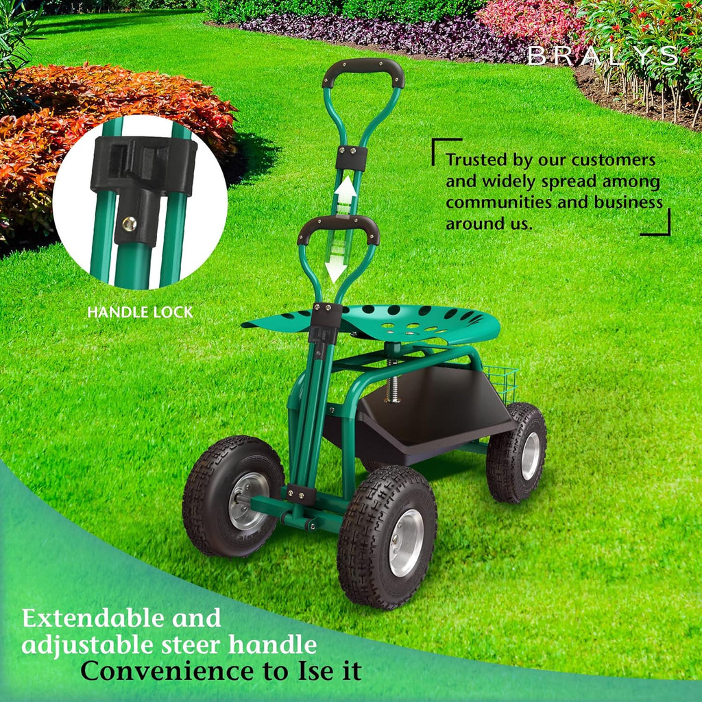 Garden Cart with Seat Rolling Gardening Cart with Large Wheels Basket Waterproof Cover E6540