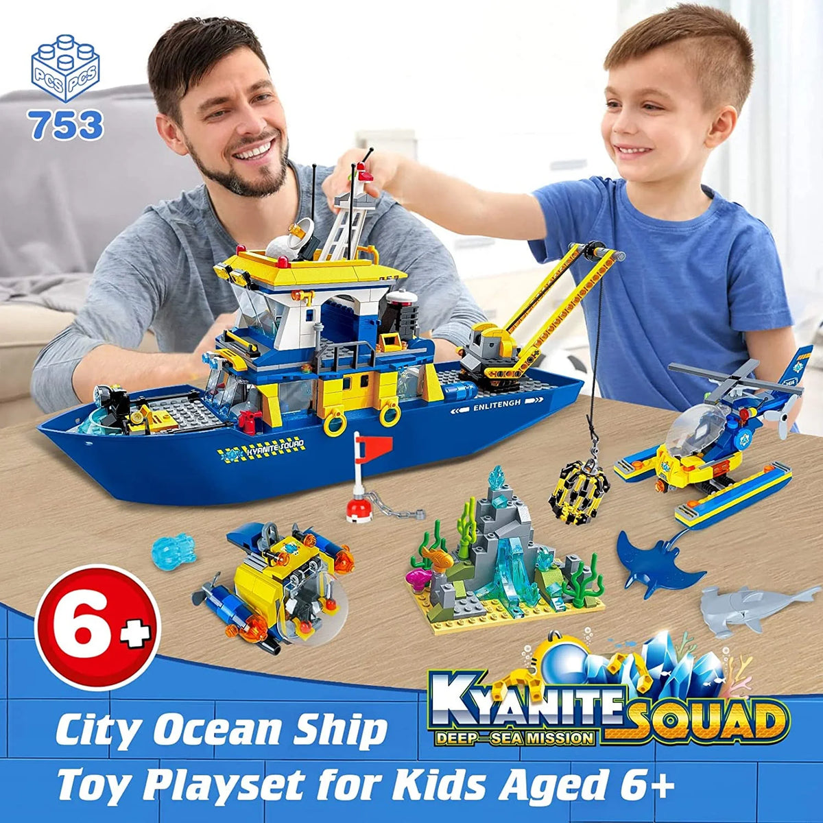 Ocean Exploration Ship Building Kit with Submarine and Helicopter, 753 Pieces V452
