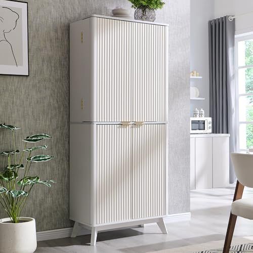 72" Tall Fluted Pantry Storage Cabinet with Adjustable Shelves & Door Racks, Natural Oak V534