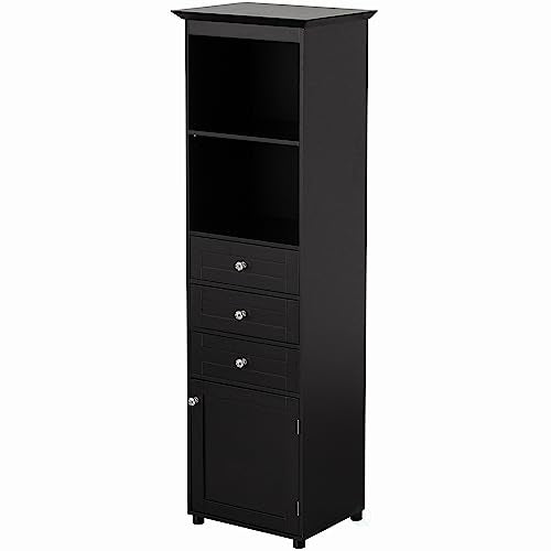 Black Tall Freestanding Storage Cabinet with 2 Open Shelves, 3 Drawers M1001