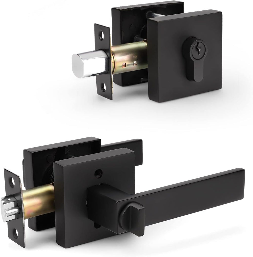 Matte Black Solid Steel Entry Door Handle Set with Deadbolt and Lever, Pack of 2 N67645