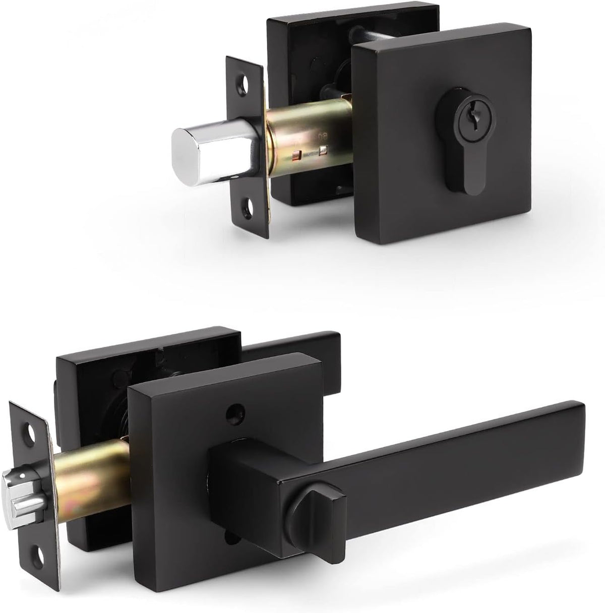 Matte Black Solid Steel Entry Door Handle Set with Deadbolt and Lever, Pack of 2 N67645