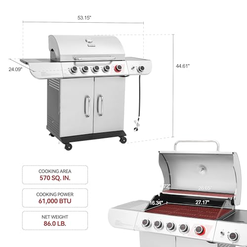 5 Burner Propane Gas Grill with Side Burner & Sear Burner, Stainless Steel K244