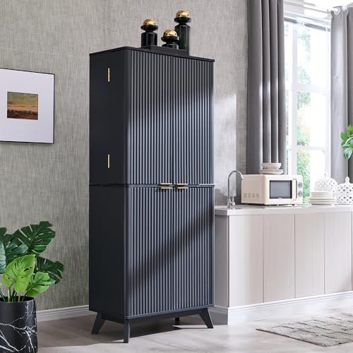 72" Tall Fluted Pantry Storage Cabinet with Adjustable Shelves & Door Racks, Natural Oak V534